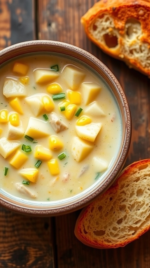 A bowl of creamy corn chowder with corn and potatoes, garnished with chives, on a wooden table with bread.